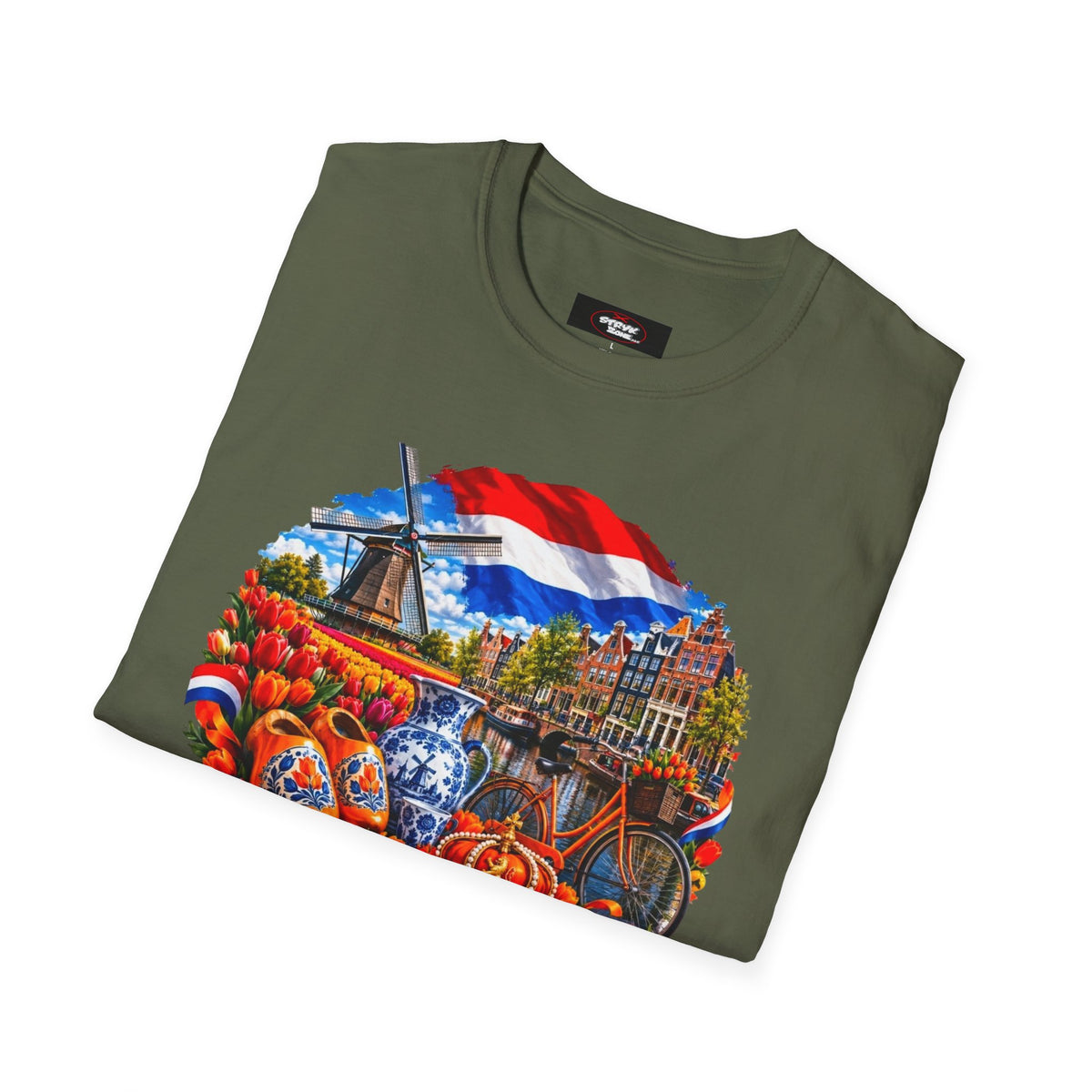 Netherlands Souvenir T-Shirt — Dutch Windmill, Tulips & Flag Design