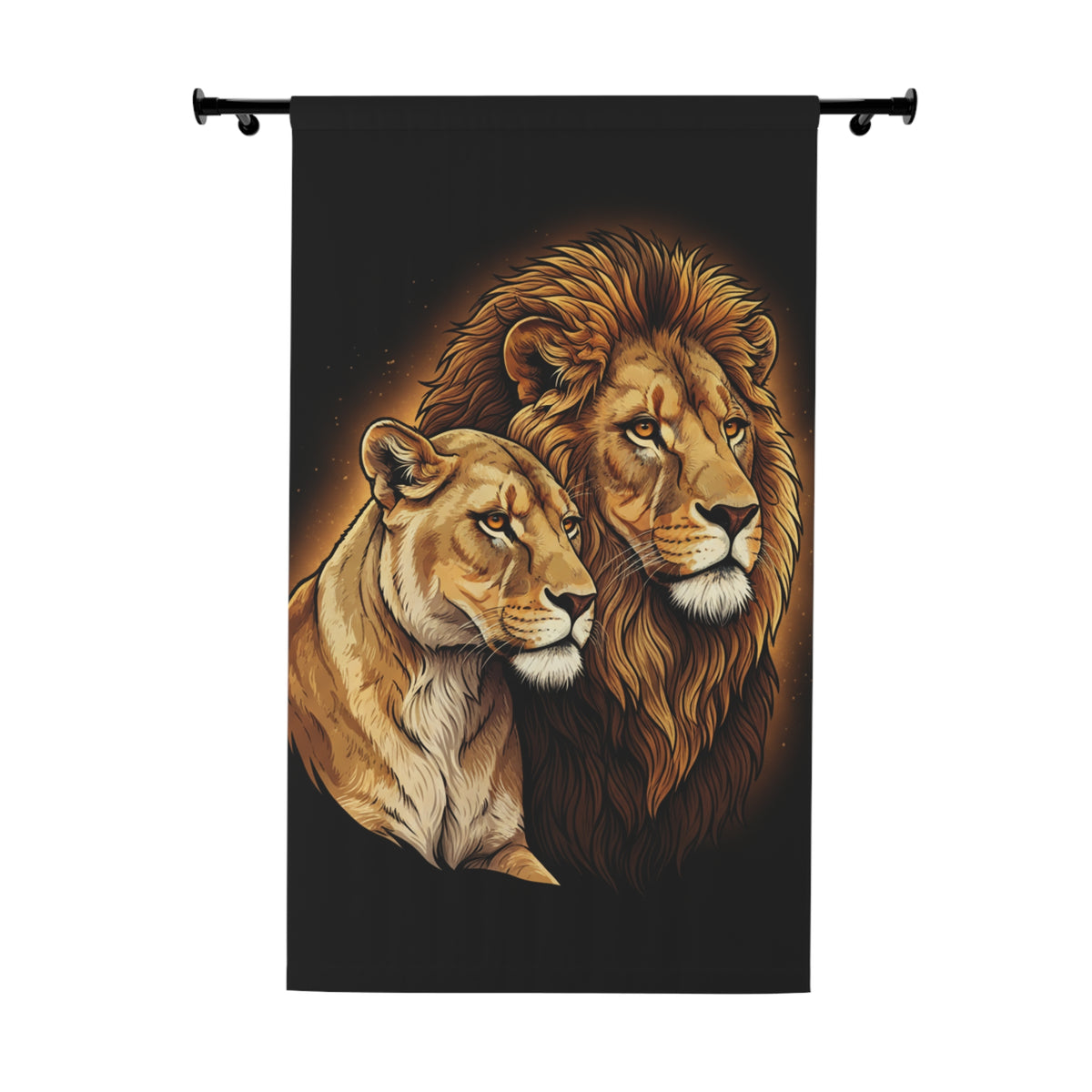 Lion Couple Window Curtain — Majestic Lion & Lioness Black Drapery