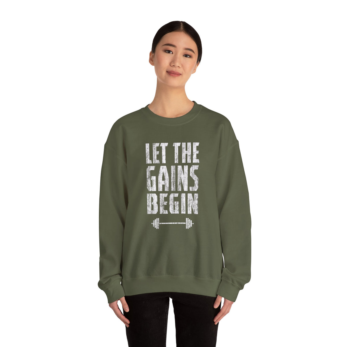 Motivated Muscle Gains graphic on a crewneck sweatshirt