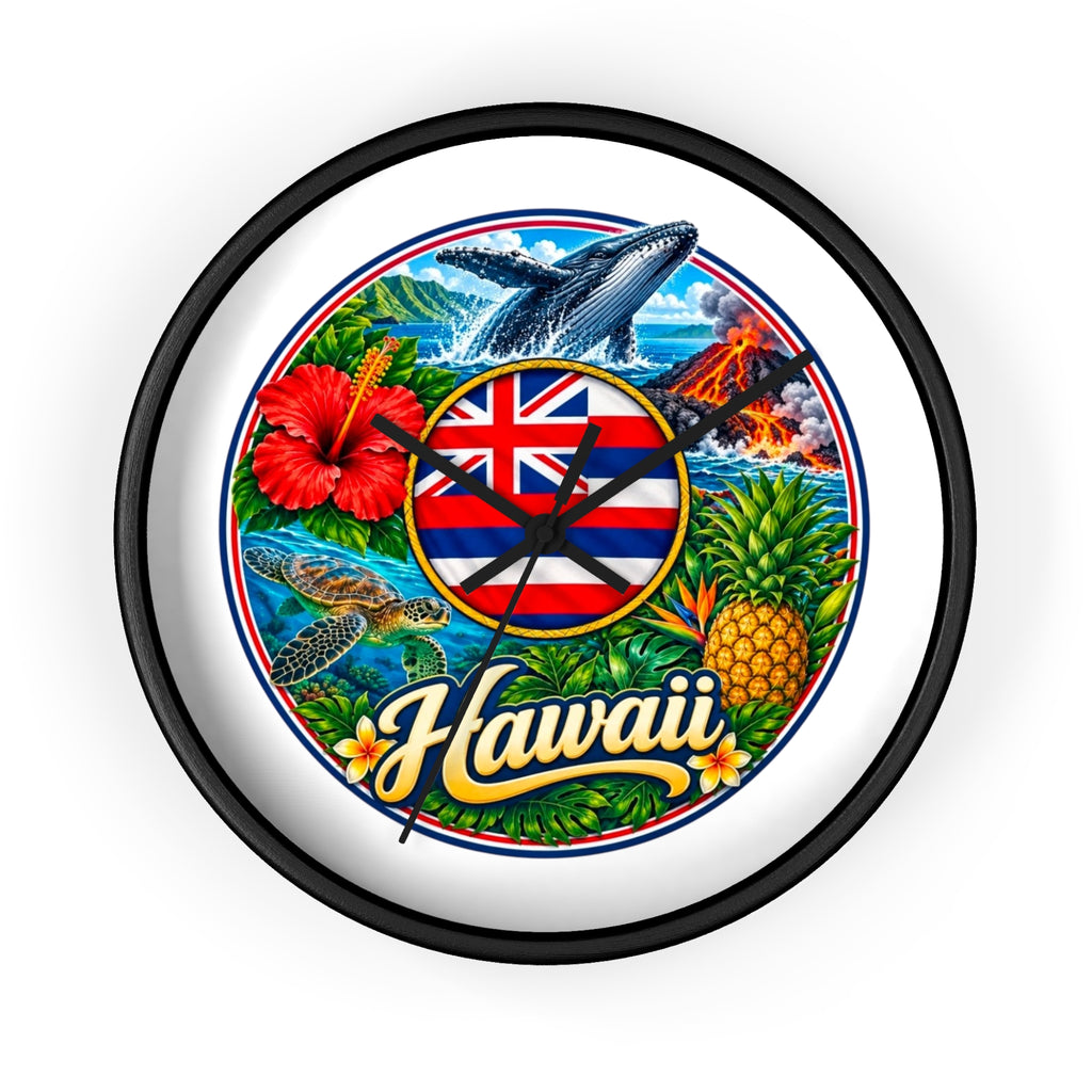 Hawaii Tropical Souvenir Wall Clock — Hawaiian Flag, Hibiscus, Pineapple & Whale Design