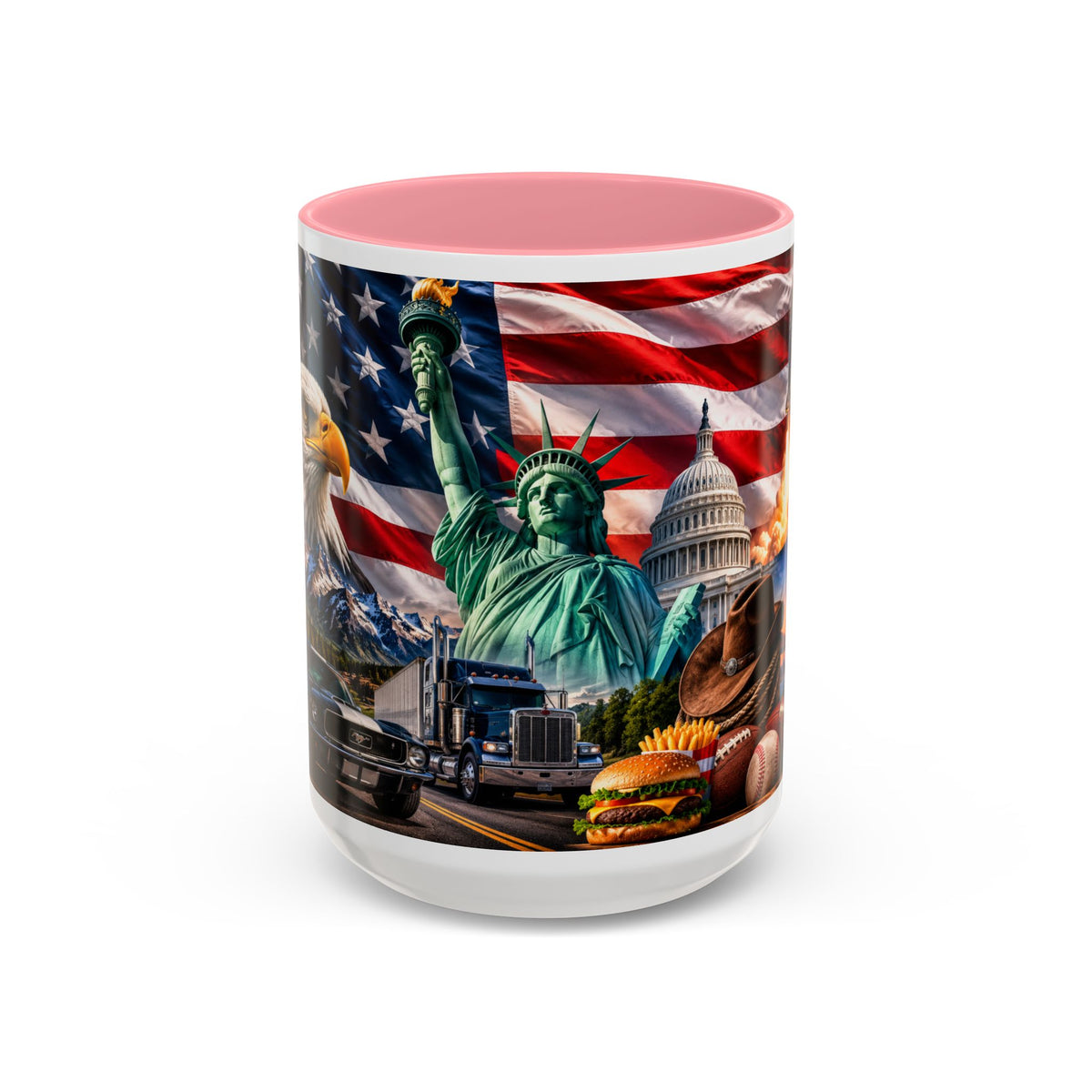 Patriotic USA Collage Mug — Statue of Liberty, Capitol & American Flag (Two-Tone)