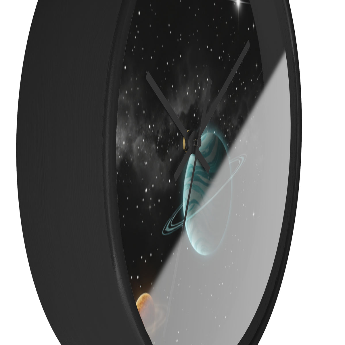 Space Planet Wall Clock — Teal Ringed Planet & Starfield Decorative Clock