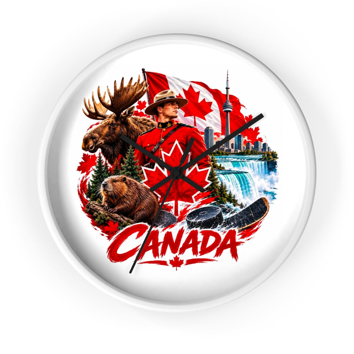 Canada Souvenir Wall Clock — Maple Leaf Moose, Bear & Mountie Collage