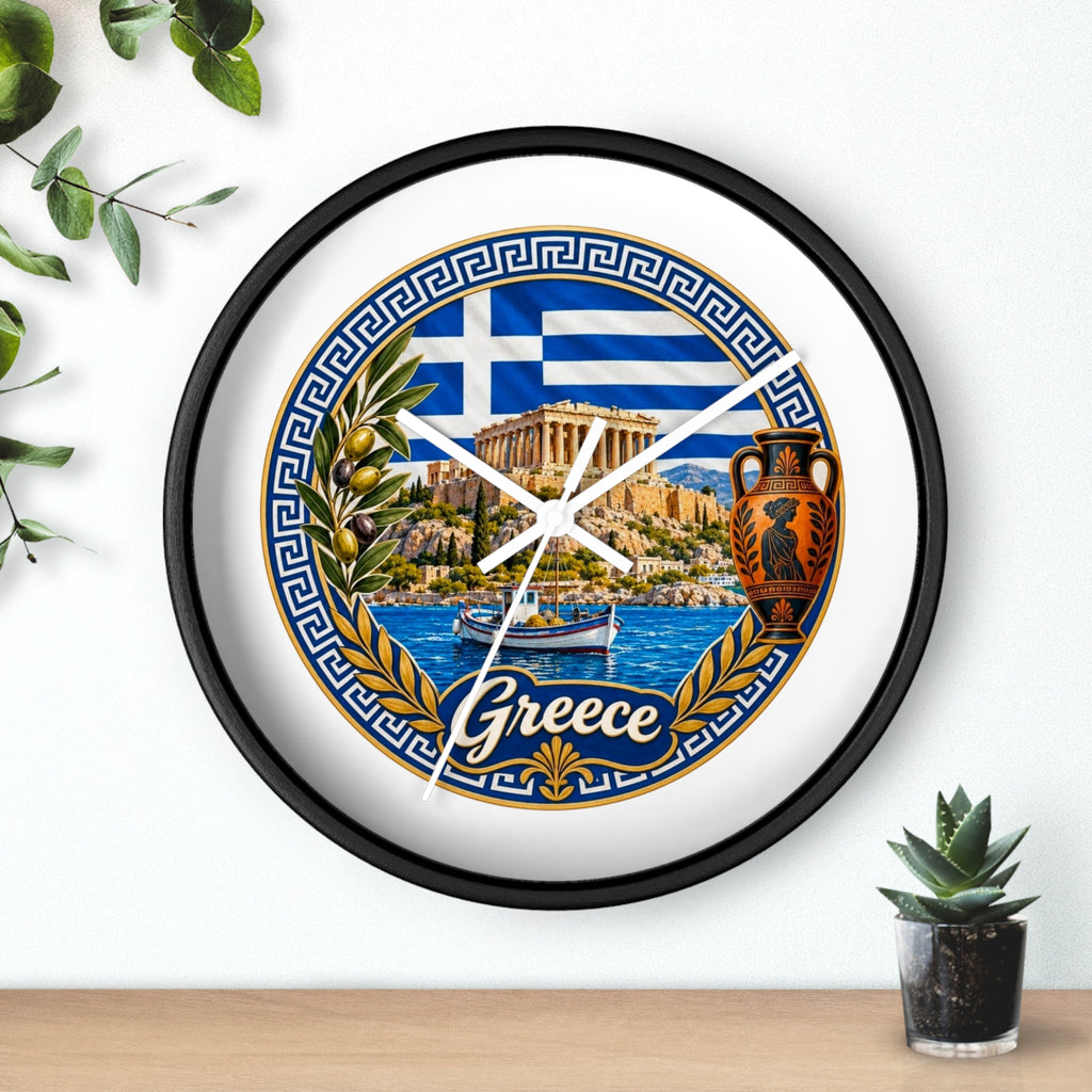 Greece Decorative Wall Clock — Parthenon, Olive Branch & Greek Flag Design