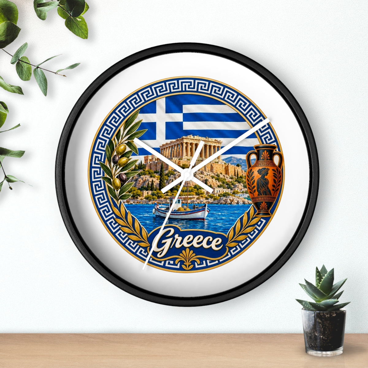 Greece Decorative Wall Clock — Parthenon, Olive Branch & Greek Flag Design