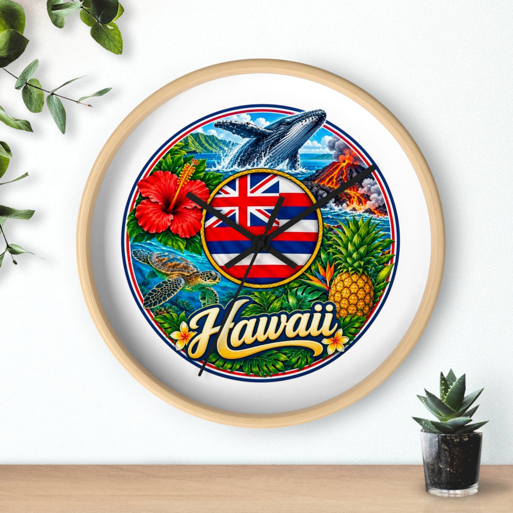 Hawaii Tropical Souvenir Wall Clock — Hawaiian Flag, Hibiscus, Pineapple & Whale Design