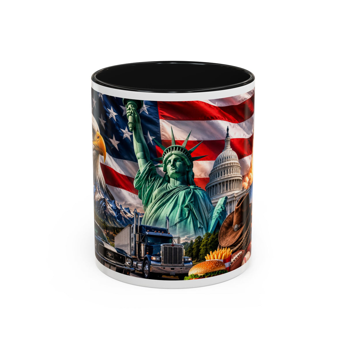 Patriotic USA Collage Mug — Statue of Liberty, Capitol & American Flag (Two-Tone)