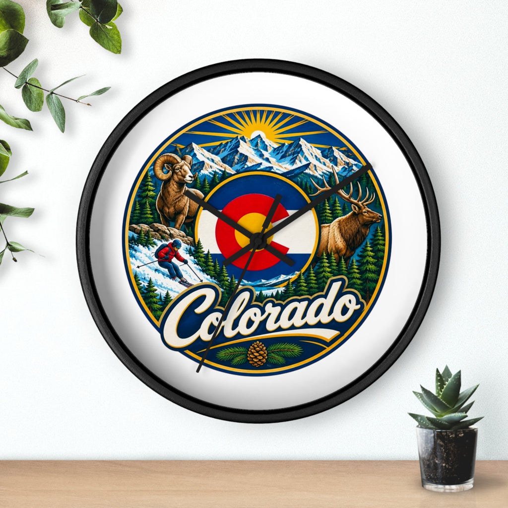 Colorado Mountain Scenic Wall Clock — Skiing, Elk & Bighorn Sheep Design
