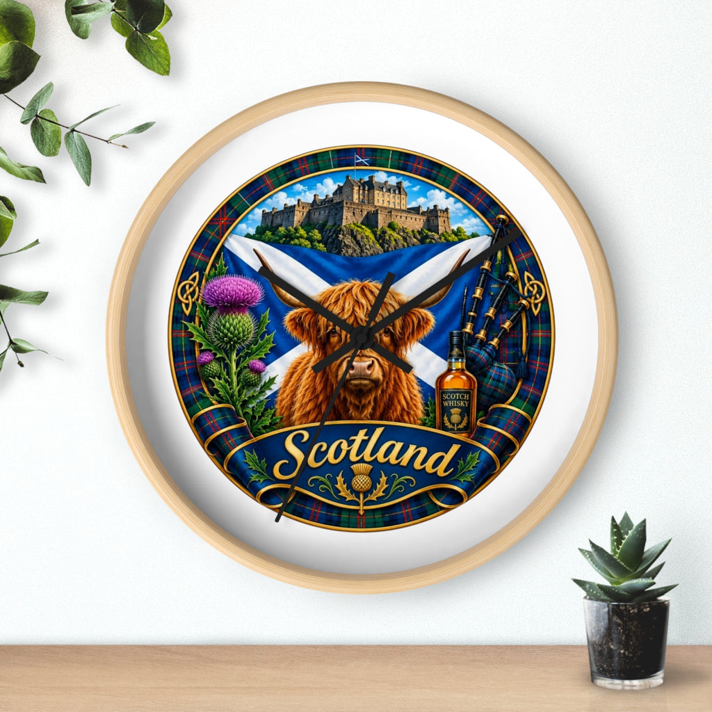 Scotland Highland Cow Wall Clock — Tartan Thistle Scottish Castle Home Decor