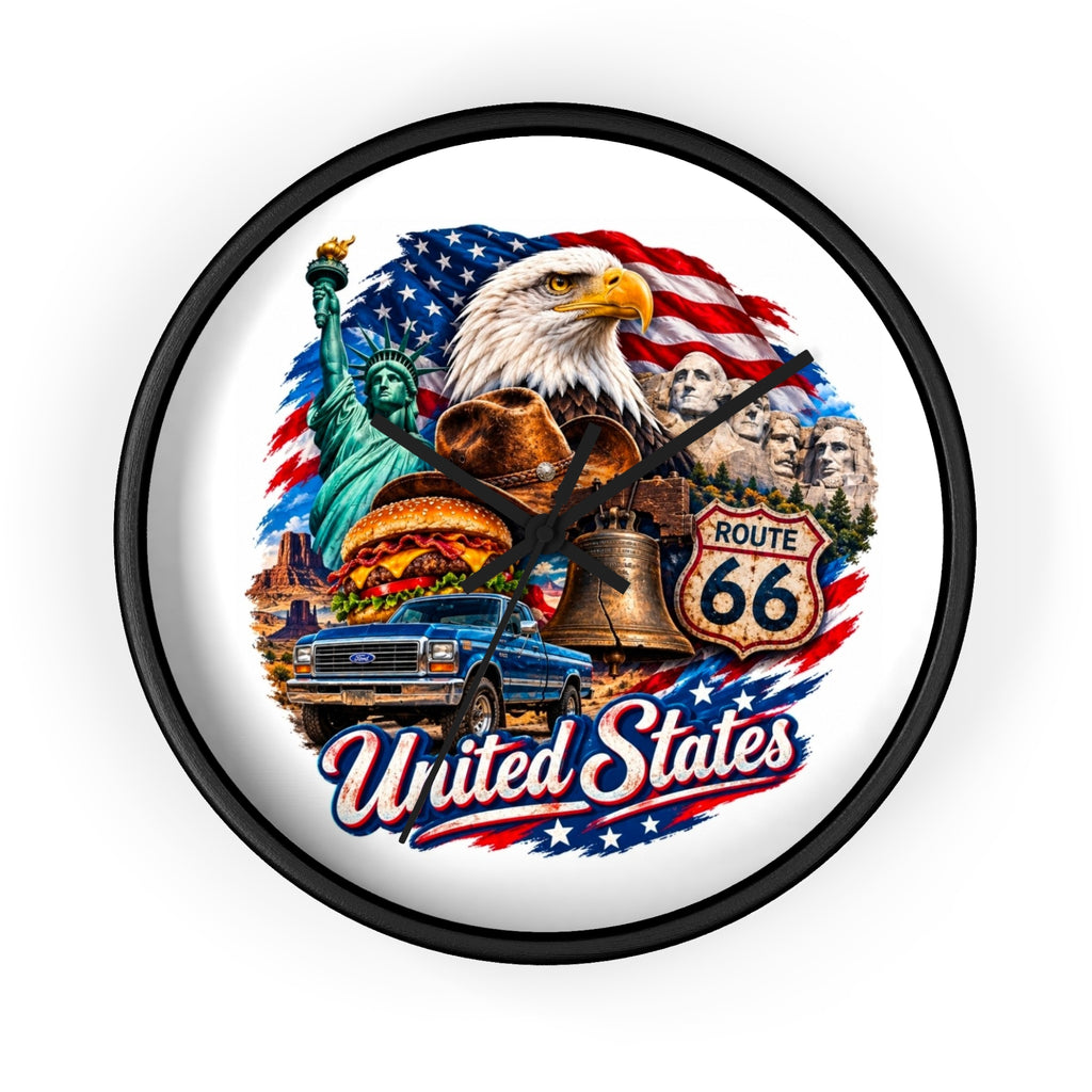 United States Patriotic Wall Clock — Eagle, Route 66 & American Landmarks