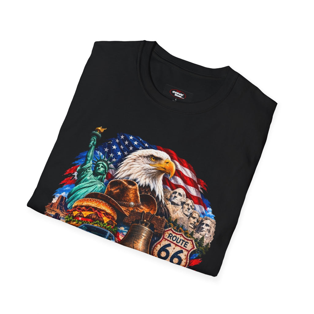 United States Patriotic T-Shirt — Bald Eagle, Statue of Liberty & Route 66 Design