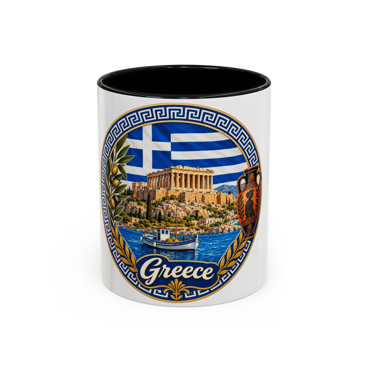 Greece Scenic Accent Coffee Mug – Acropolis, Olive & Blue Flag Design (11/15oz)
