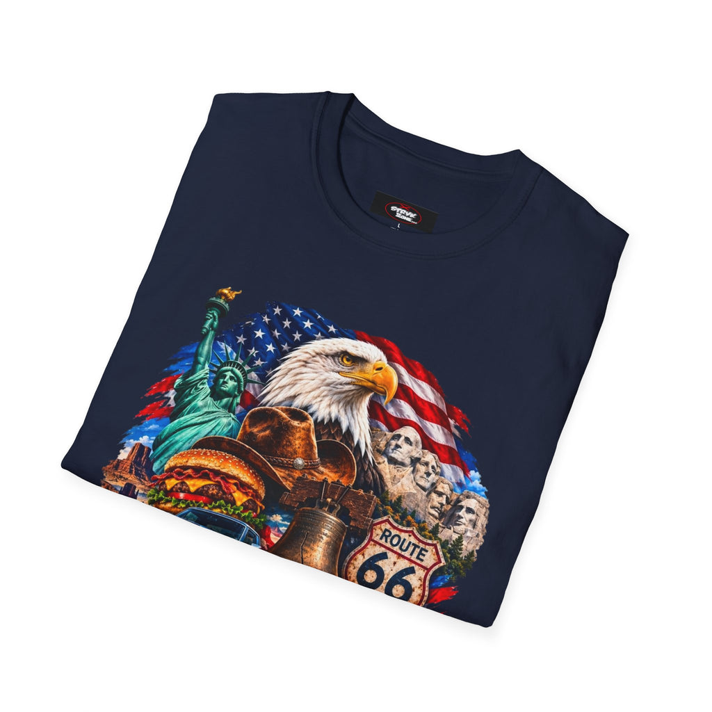 United States Patriotic T-Shirt — Bald Eagle, Statue of Liberty & Route 66 Design
