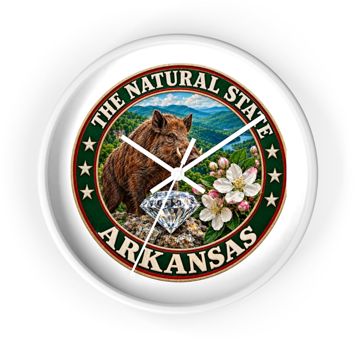 Arkansas State Seal Decorative Wall Clock — 'The Natural State' Bear, Diamond & Apple Blossom Design