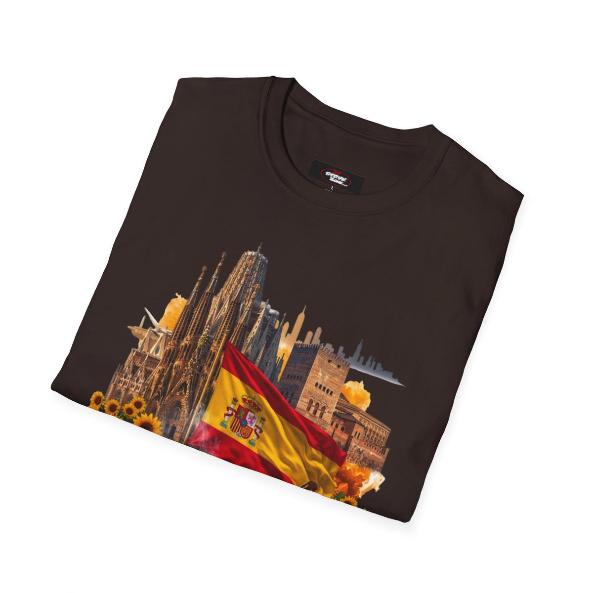 Spain Travel Collage T-Shirt — Paella, Guitar & Spanish Flag Graphic Tee