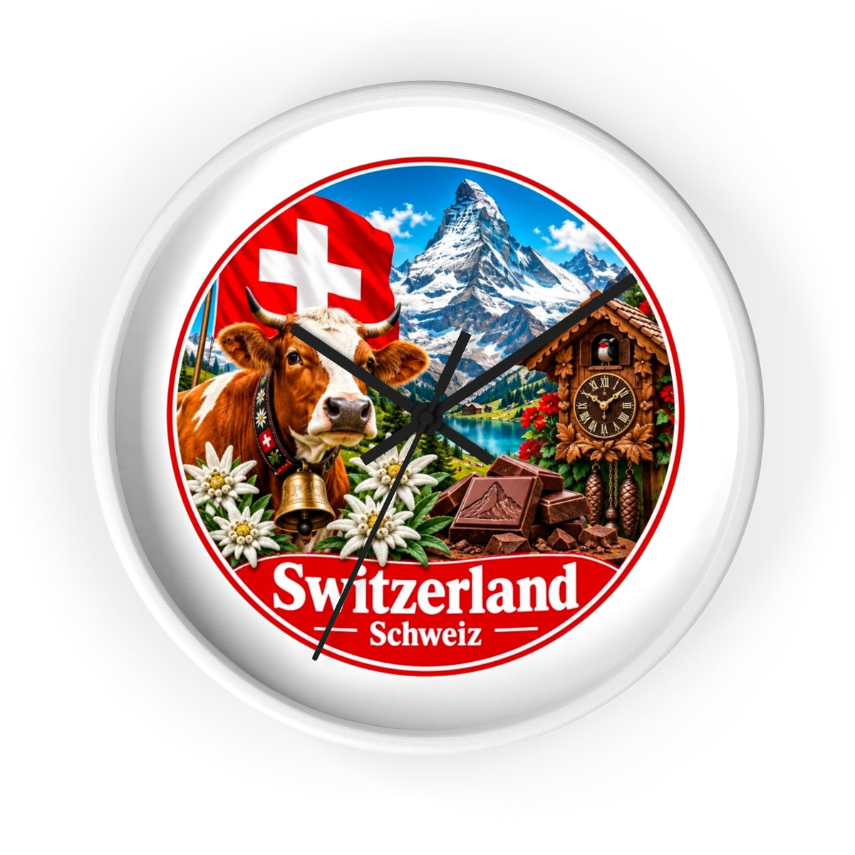 Switzerland Wall Clock — Alpine Cow, Cuckoo Clock & Matterhorn Souvenir