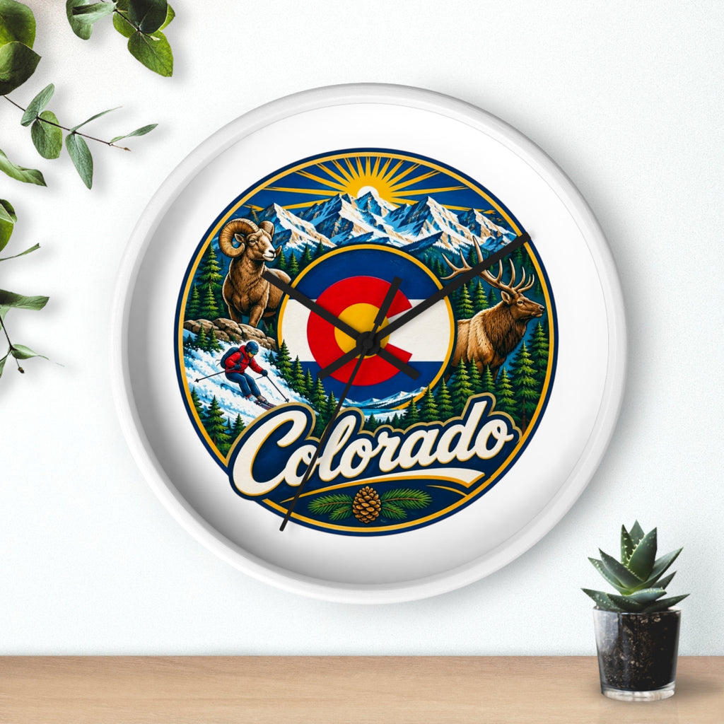 Colorado Mountain Scenic Wall Clock — Skiing, Elk & Bighorn Sheep Design