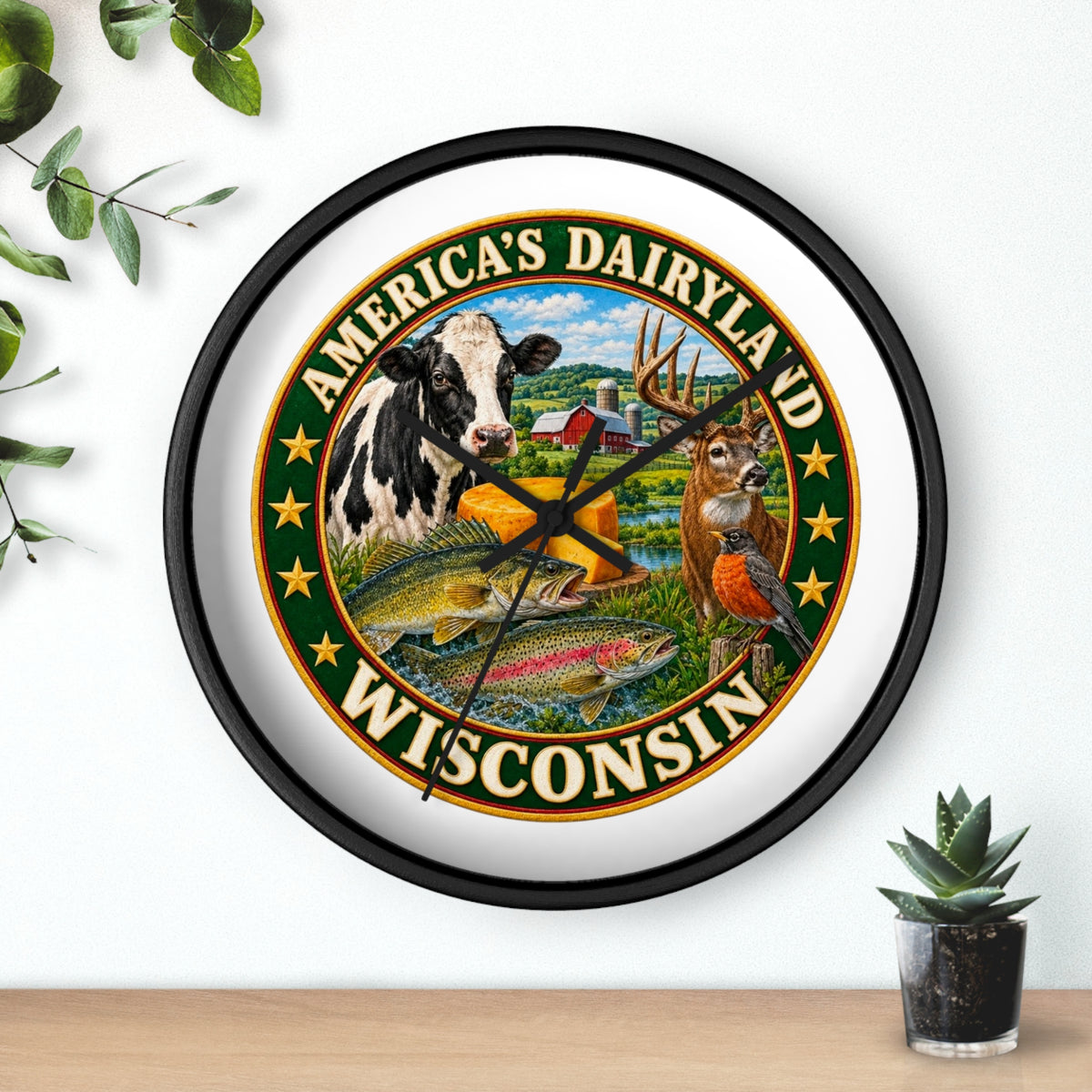 Wisconsin Wall Clock — "America's Dairyland" Rustic Farm & Wildlife Clock