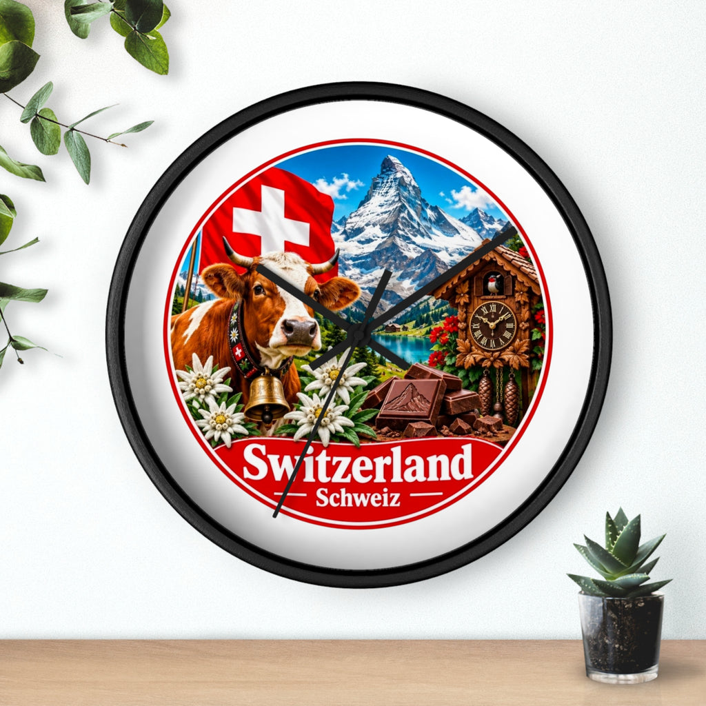 Switzerland Wall Clock — Alpine Cow, Cuckoo Clock & Matterhorn Souvenir