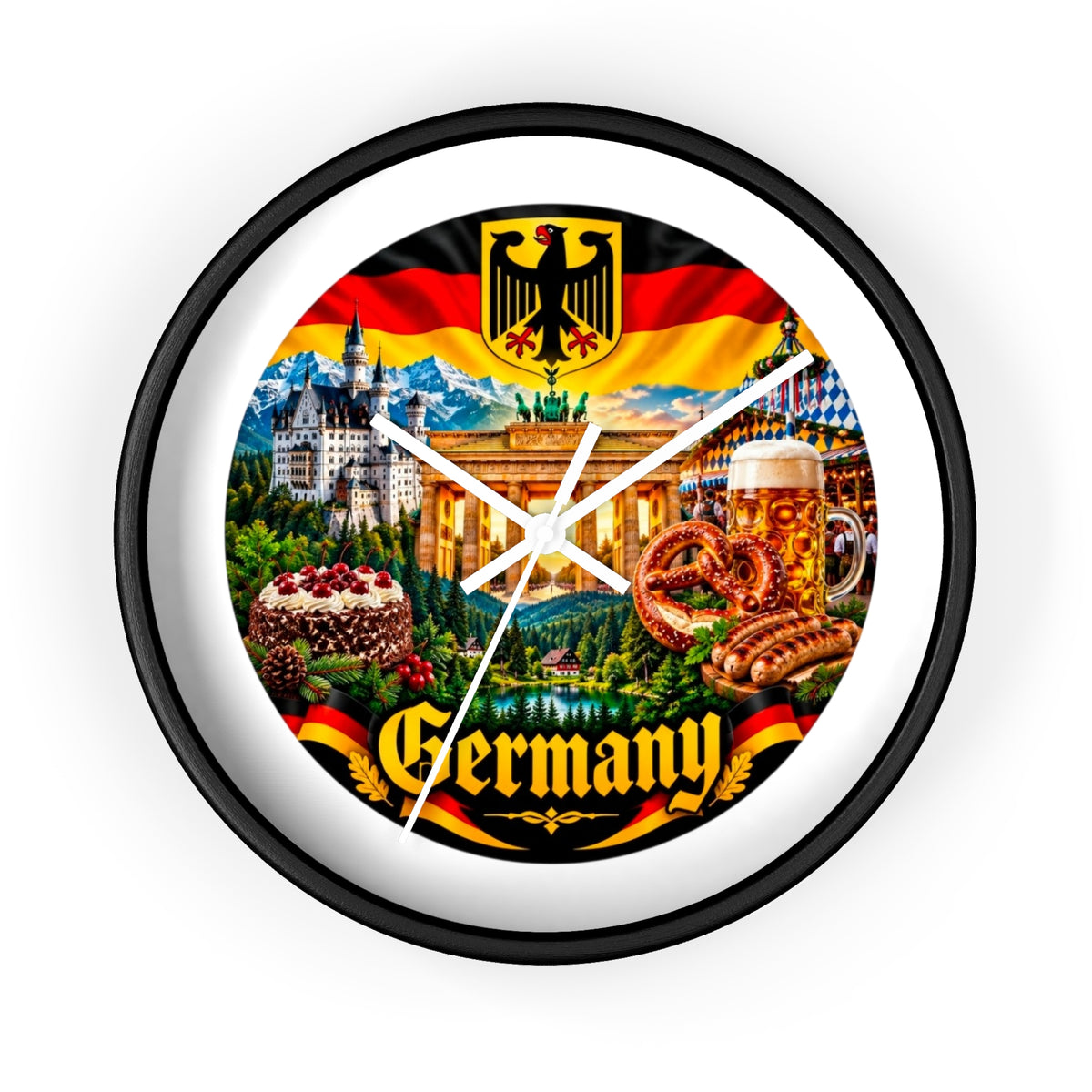 Germany Wall Clock — Travel Landmark Decor with Flag, Bavarian Pretzels & Beer