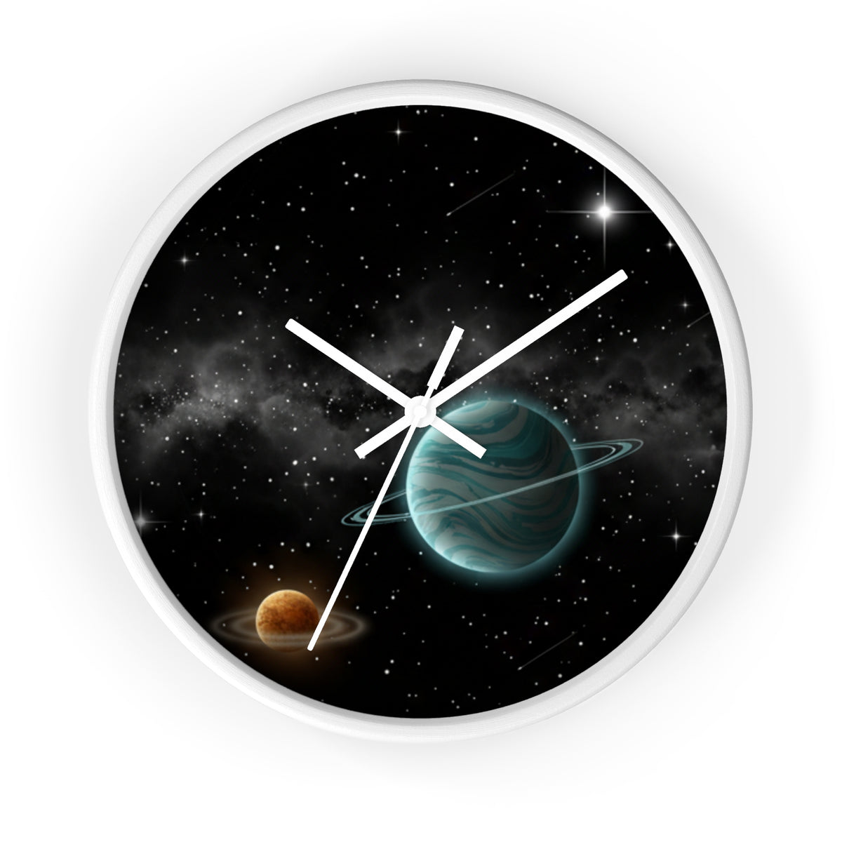 Space Planet Wall Clock — Teal Ringed Planet & Starfield Decorative Clock