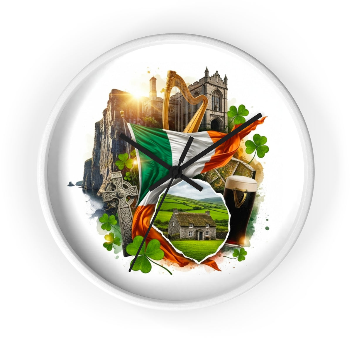 Irish Heritage Wall Clock — Celtic Flag, Shamrocks, Harp & Pub Pint Decor