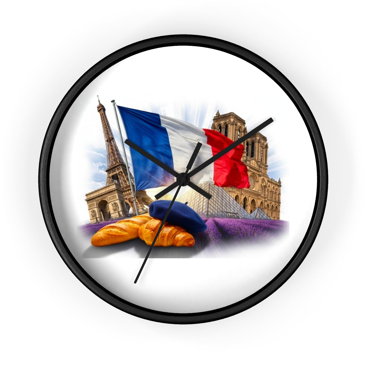 Paris France Wall Clock — Eiffel Tower, Notre-Dame & Croissant Clock