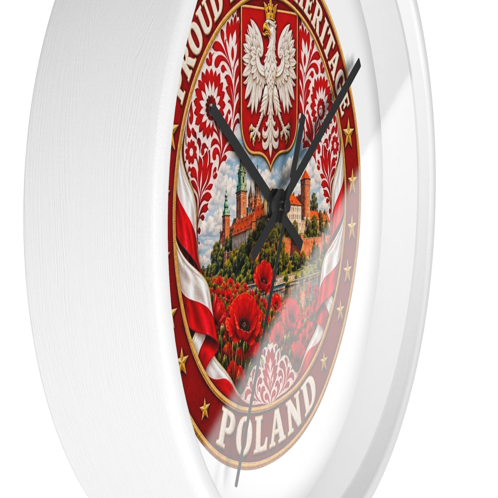 Poland Wall Clock — Proud Polish Heritage Design (Eagle, Castle & Poppies)