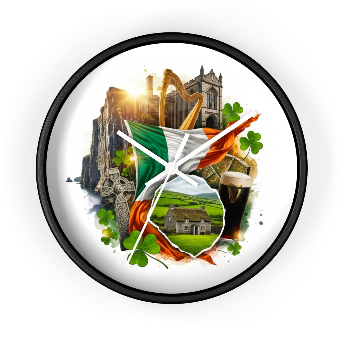 Irish Heritage Wall Clock — Celtic Flag, Shamrocks, Harp & Pub Pint Decor