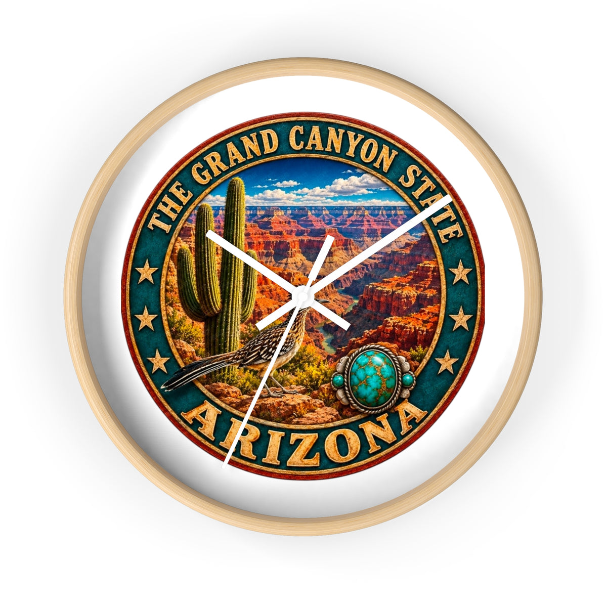 Arizona Grand Canyon State Wall Clock – Southwestern Cactus & Roadrunner Decor