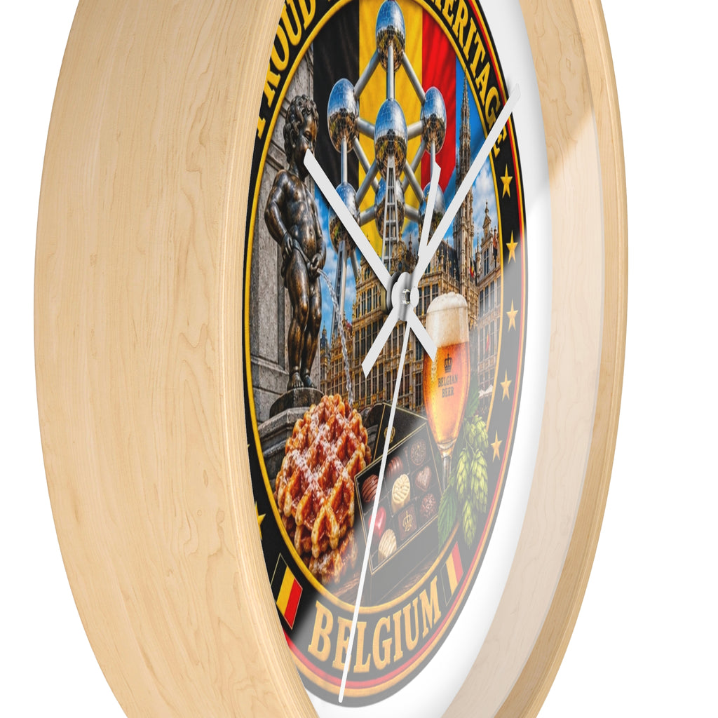 Belgium Heritage Wall Clock — Proud Belgian Icons (Atomium, Manneken Pis, Waffle, Beer)