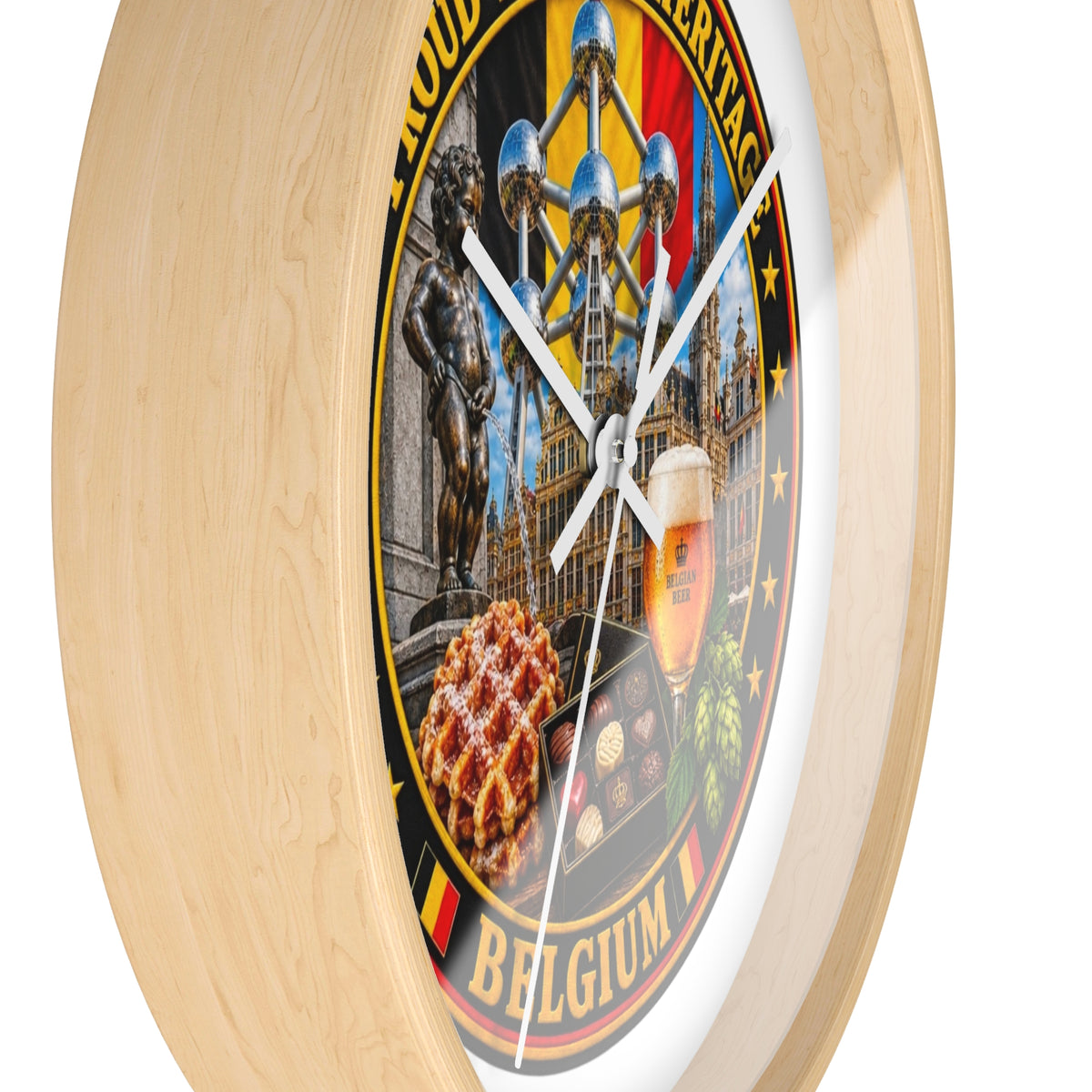 Belgium Heritage Wall Clock — Proud Belgian Icons (Atomium, Manneken Pis, Waffle, Beer)