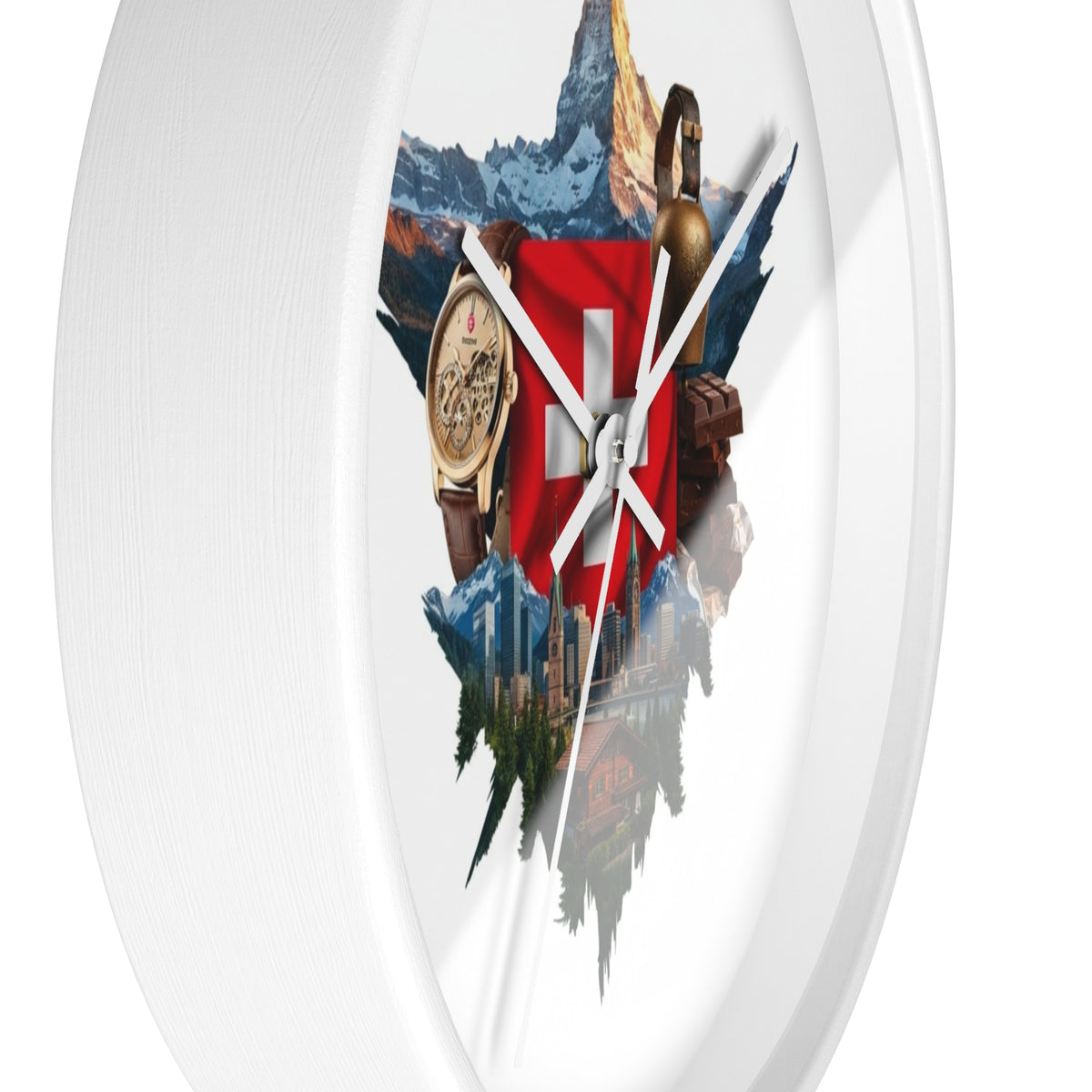 Swiss Heritage Wall Clock – Alpine Crest Design with Swiss Flag, Mountain & Chalet Elements