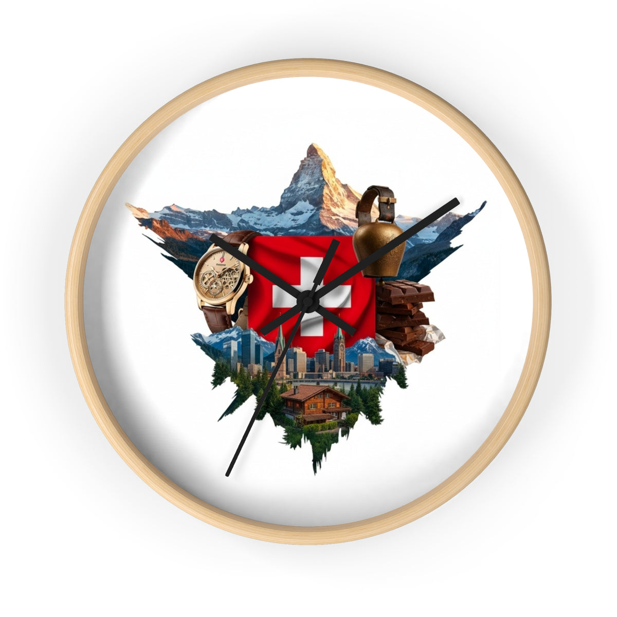 Swiss Heritage Wall Clock – Alpine Crest Design with Swiss Flag, Mountain & Chalet Elements