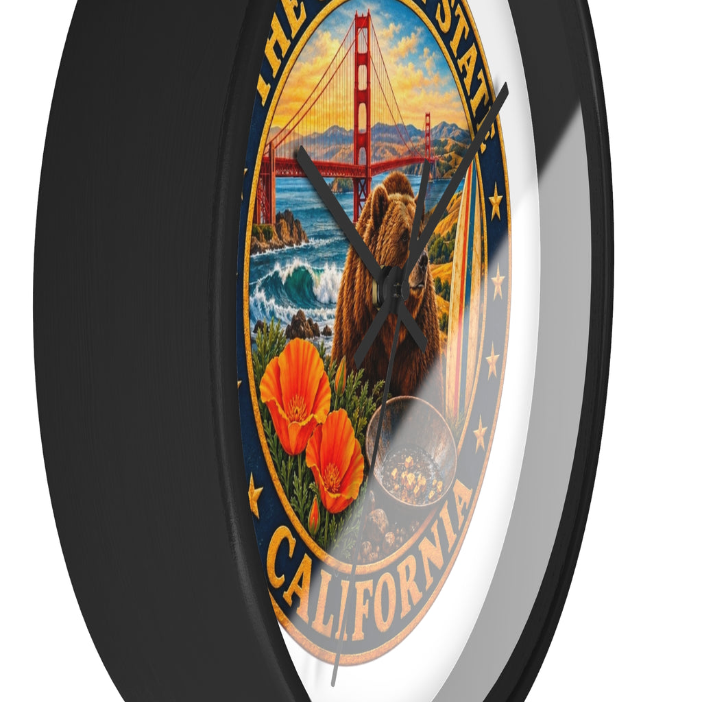 California Golden State Wall Clock — Golden Gate, Bear & Poppies Retro Travel Decor