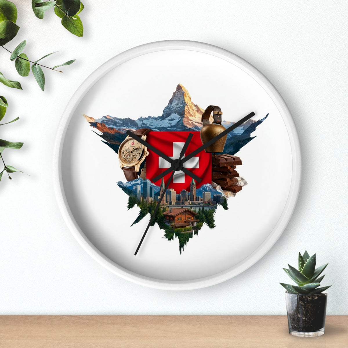 Swiss Heritage Wall Clock – Alpine Crest Design with Swiss Flag, Mountain & Chalet Elements