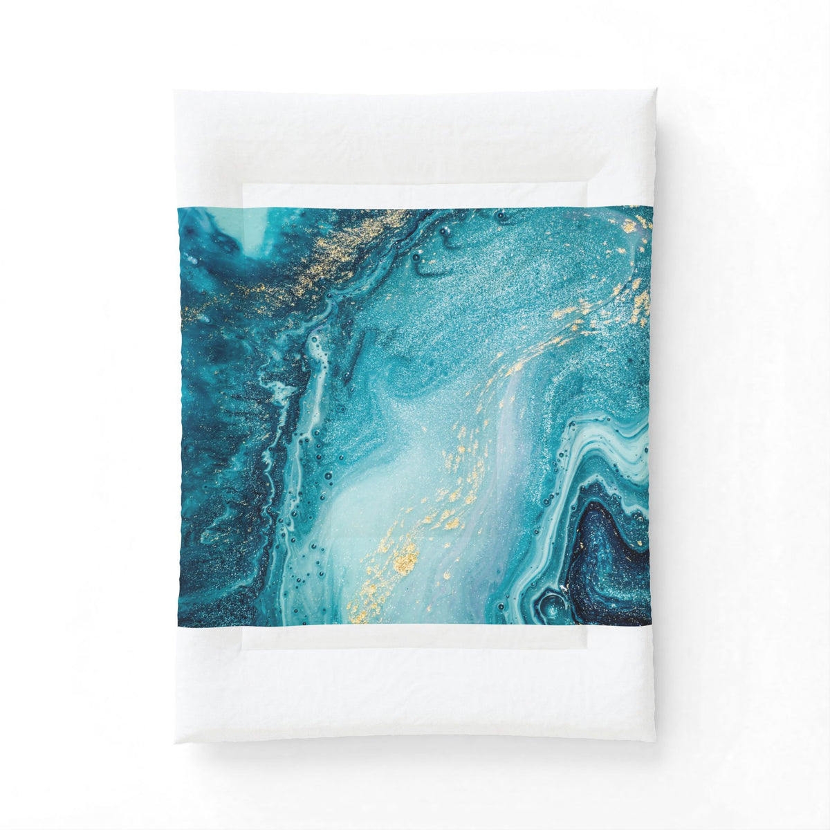 Teal Marble Cotton Comforter – Ocean Blue Abstract Bedding with Gold Veins