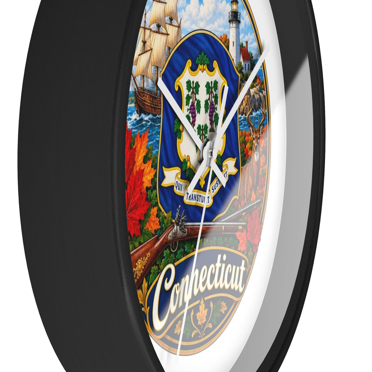 Connecticut State Emblem Wall Clock — Scenic Lighthouse, Ship & Maple Leaf Decor
