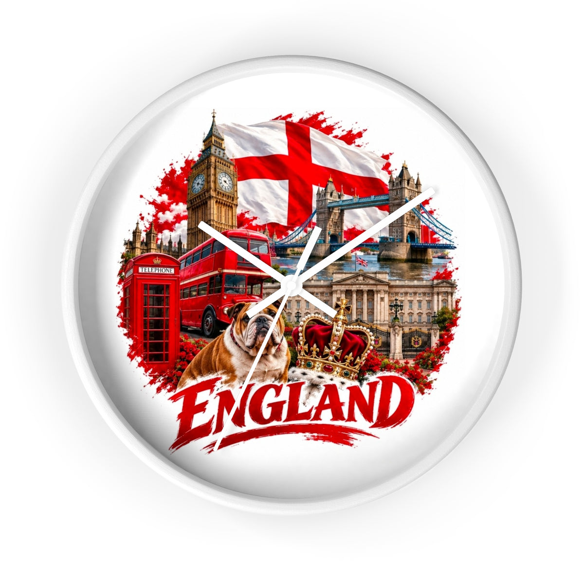 England Wall Clock – British Landmarks, Bulldog & St. George Flag Home Decor