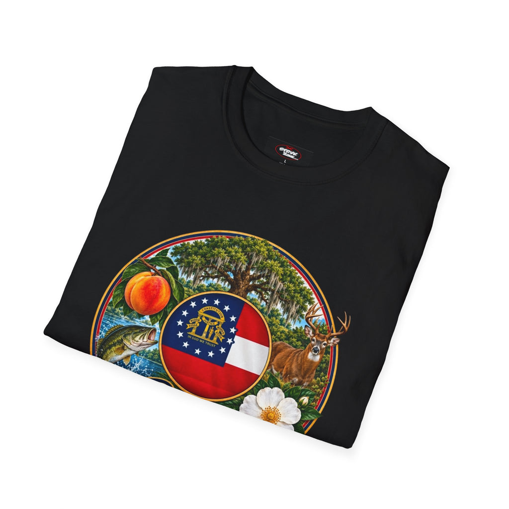 Georgia State Emblem T-Shirt – Peach, Magnolia & Flag Design