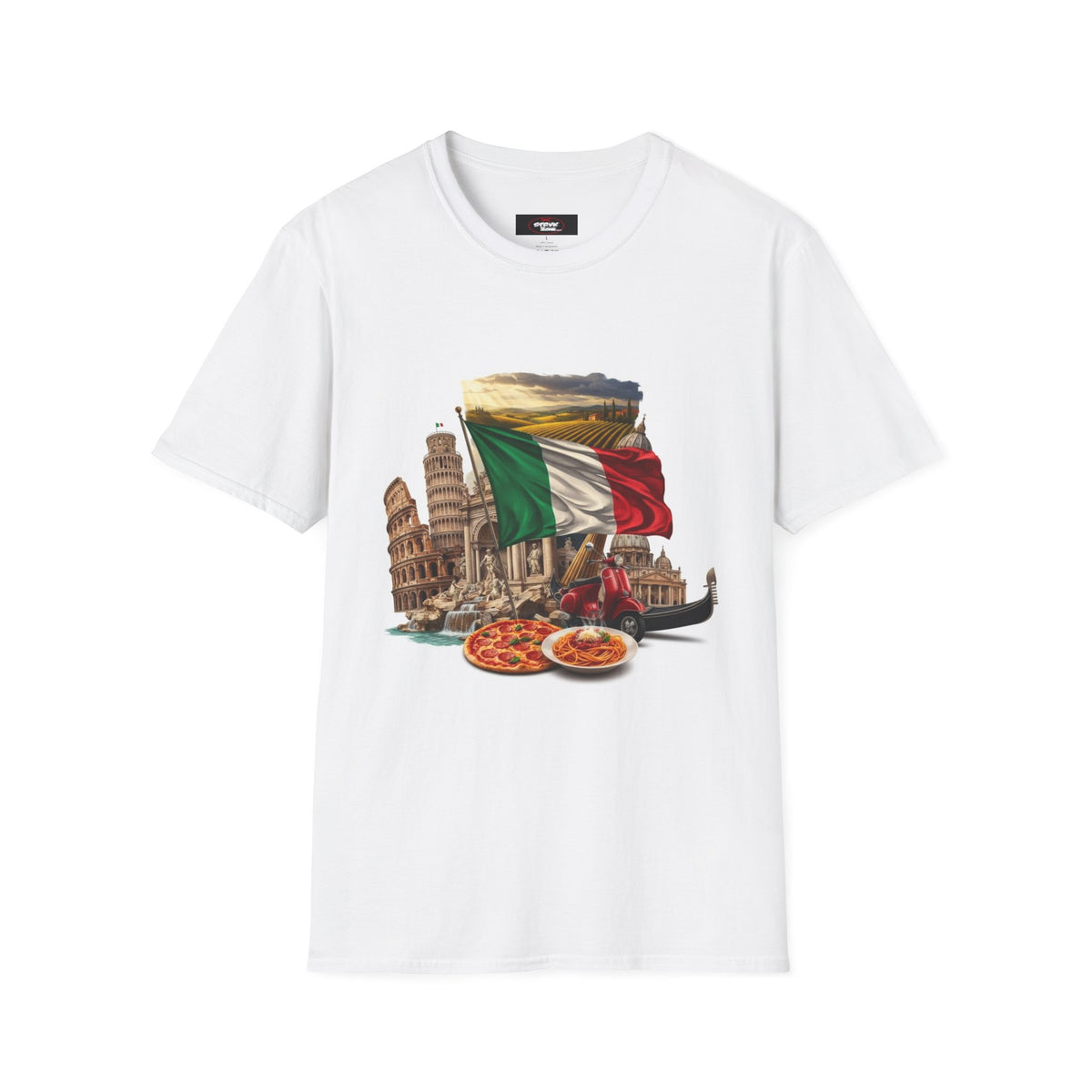 Italian Landmarks & Cuisine T-Shirt — Pizza, Colosseum & Flag Graphic