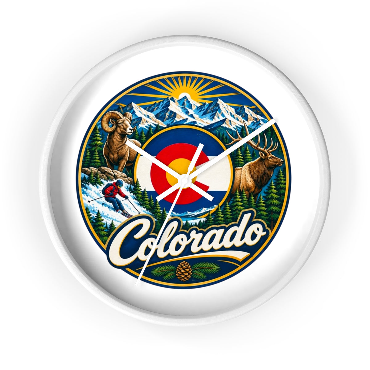 Colorado Mountain Scenic Wall Clock — Skiing, Elk & Bighorn Sheep Design