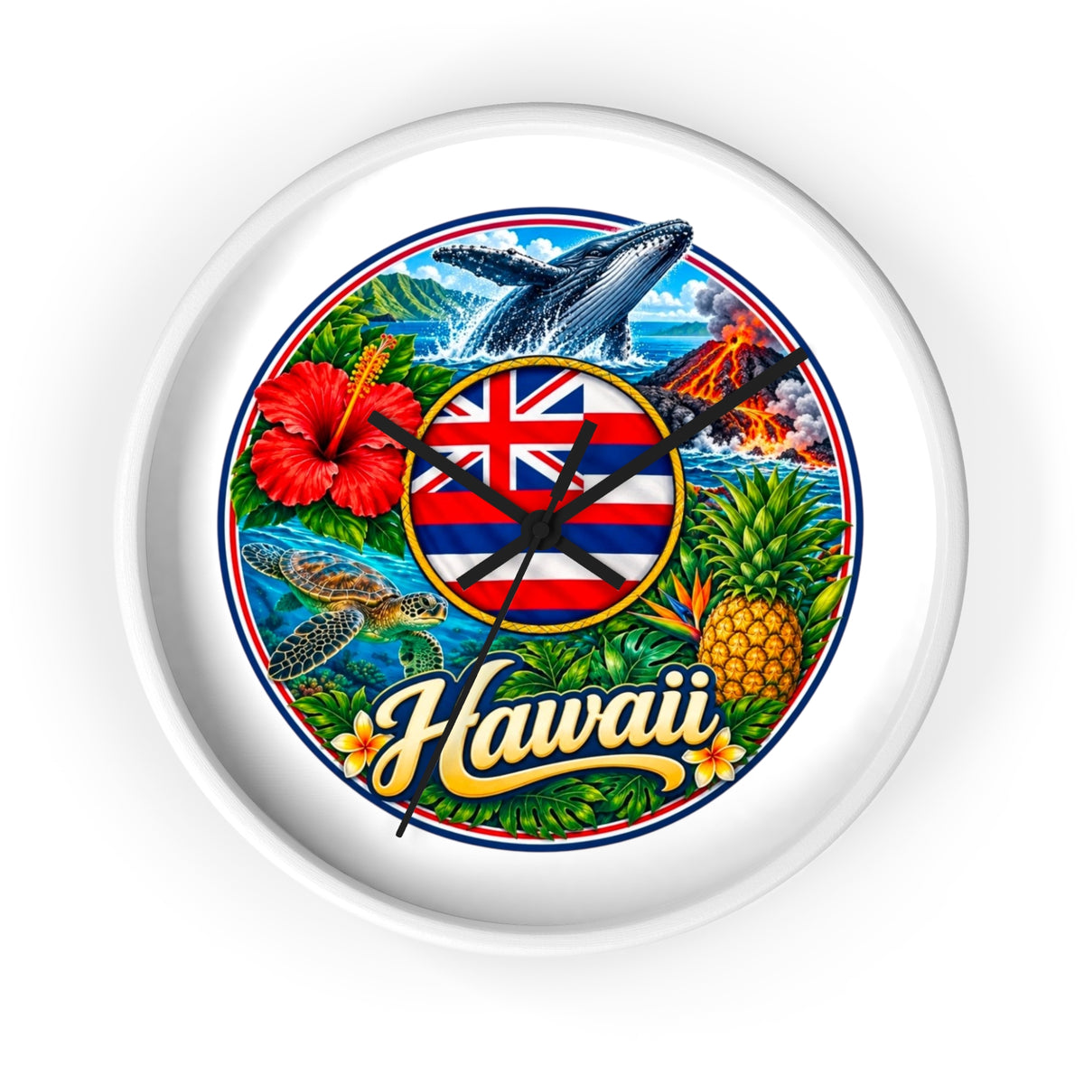 Hawaii Tropical Souvenir Wall Clock — Hawaiian Flag, Hibiscus, Pineapple & Whale Design
