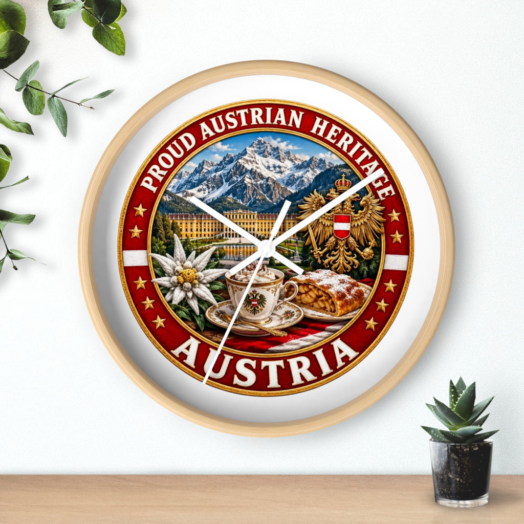 Austria Heritage Wall Clock — Proud Austrian Mountains & Coffee Scene