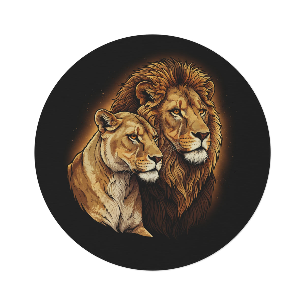 Lion Couple Round Rug — Majestic King & Queen Lioness Decorative Round Mat