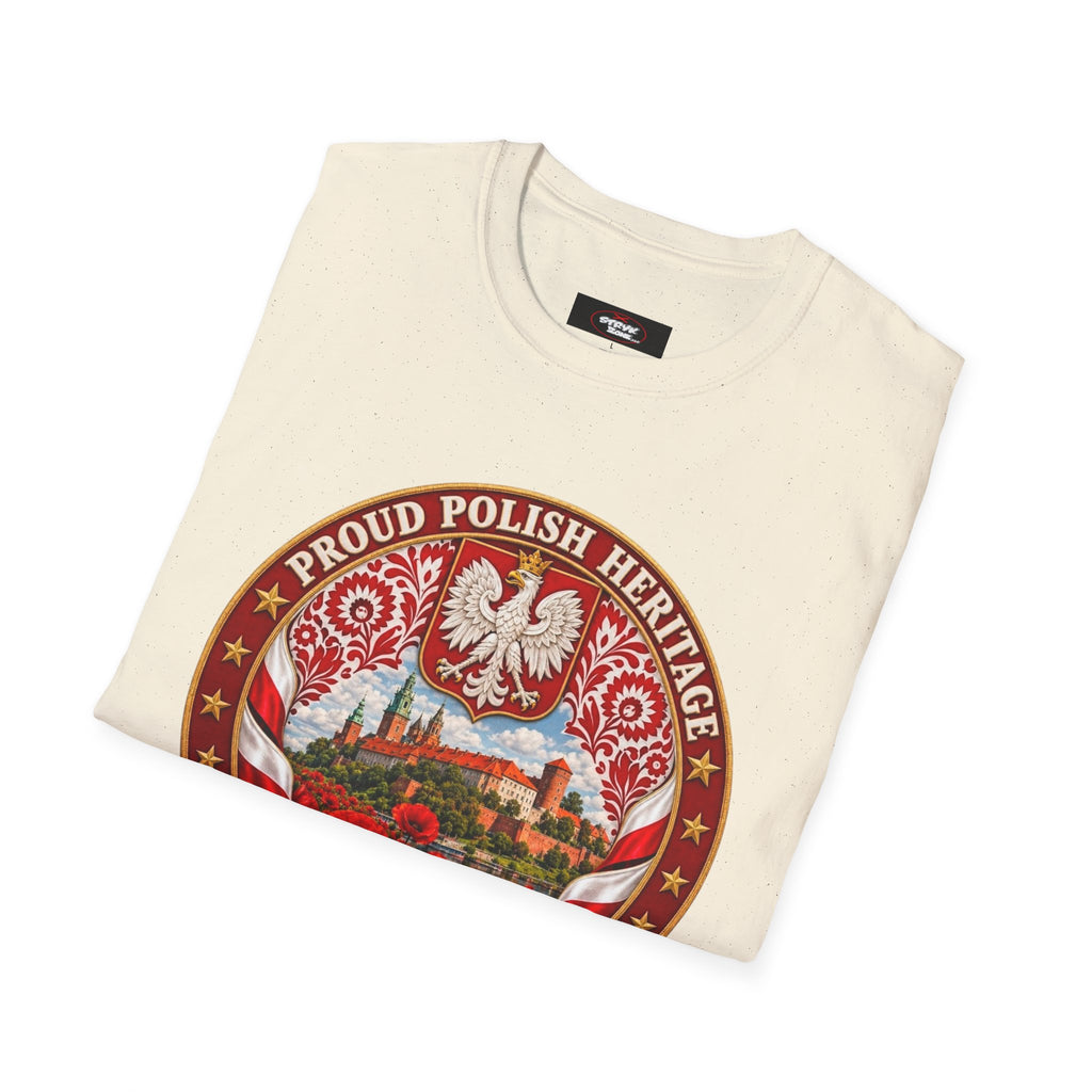 Poland Pride T-Shirt — "Proud Polish Heritage" Circle Crest with White Eagle and Floral Motif