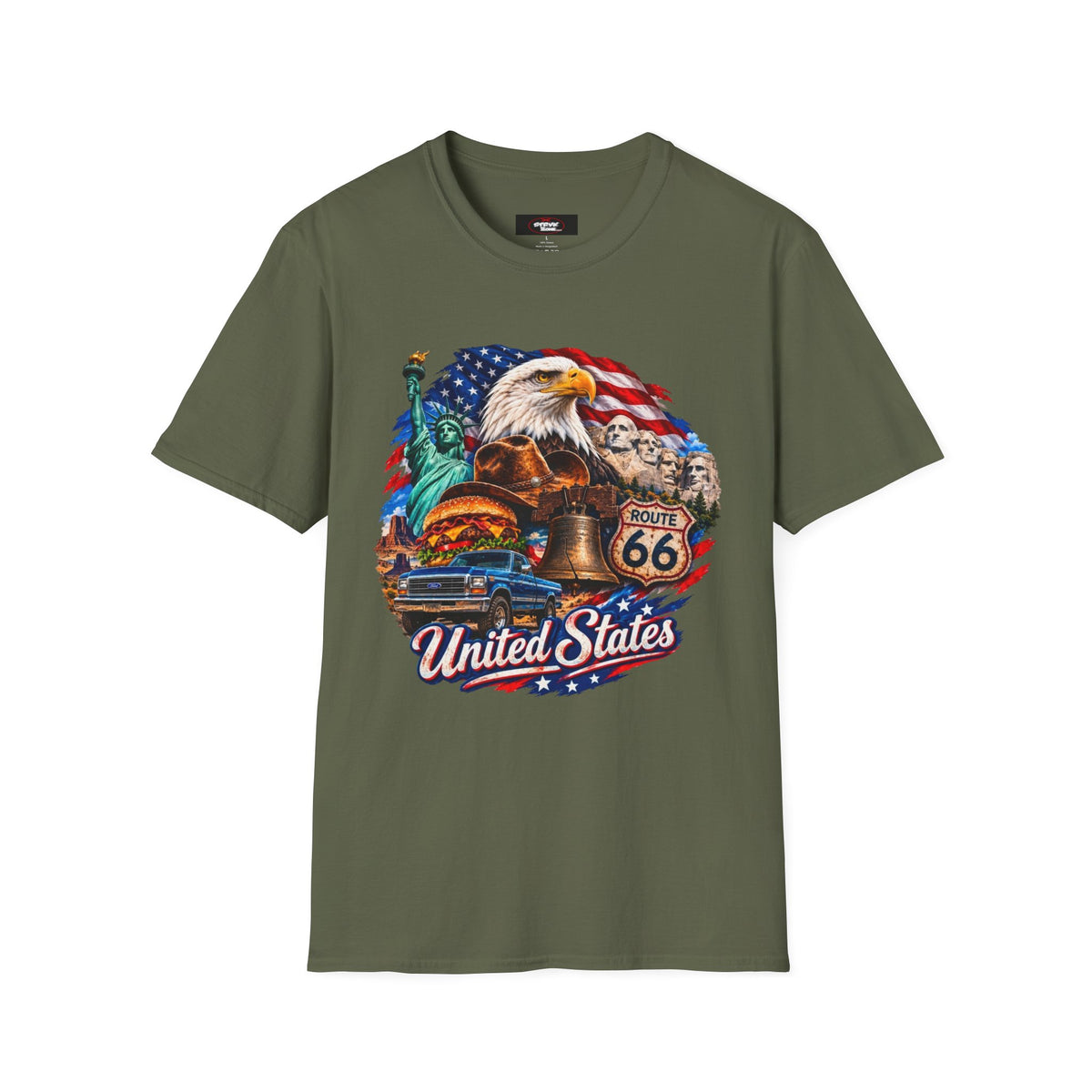 United States Patriotic T-Shirt — Bald Eagle, Statue of Liberty & Route 66 Design