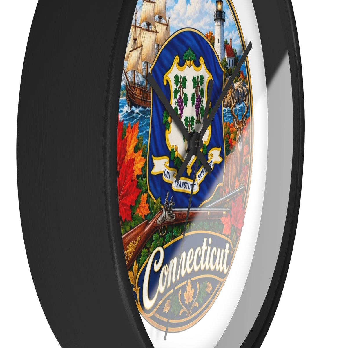 Connecticut State Emblem Wall Clock — Scenic Lighthouse, Ship & Maple Leaf Decor