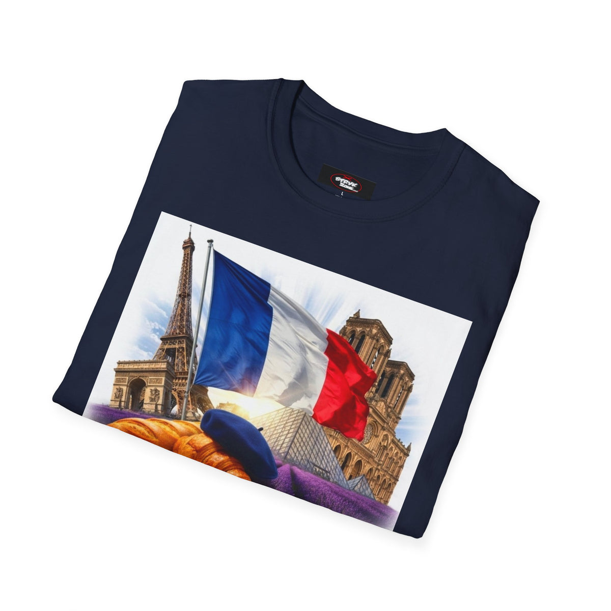 French Flag & Landmark T-Shirt — Eiffel Tower, Notre-Dame & Croissant Graphic