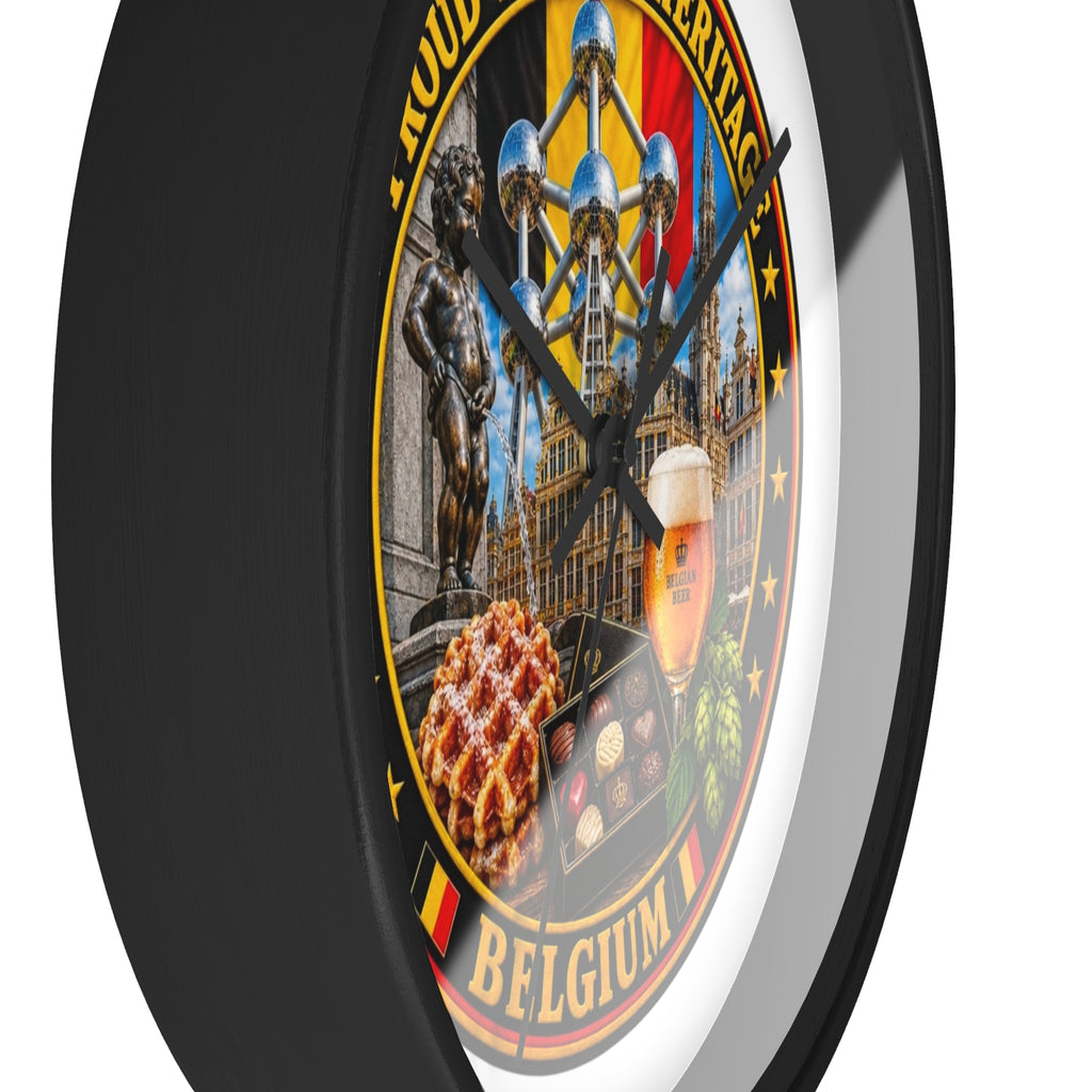 Belgium Heritage Wall Clock — Proud Belgian Icons (Atomium, Manneken Pis, Waffle, Beer)